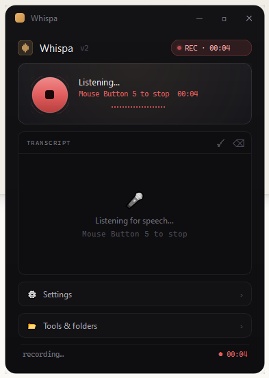 Whispa app — recording state