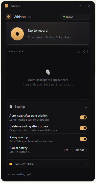 Whispa — settings panel
