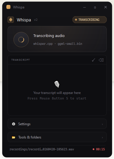 Whispa — transcribing state